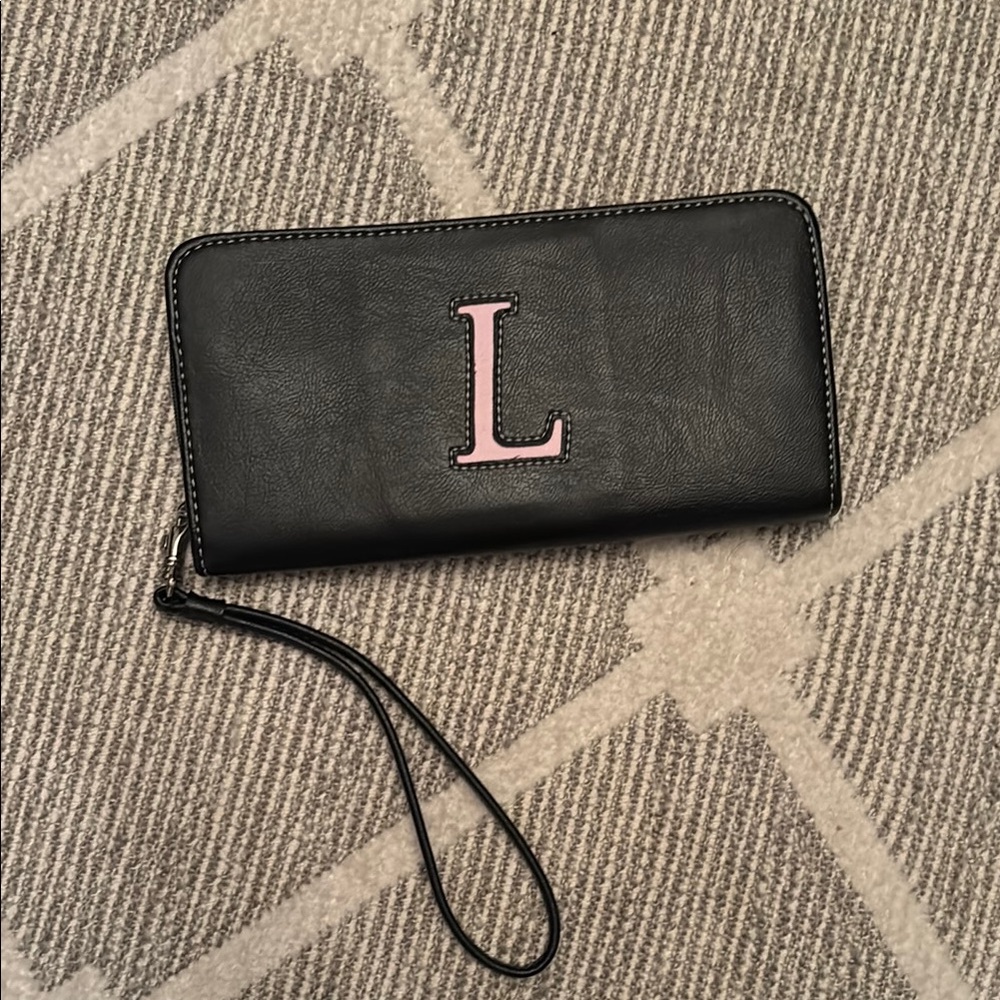 Black Wristlet Wallet with Pink Initial